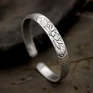 Thai Silver Plated Vintage Ethnic Lotus Heart Sutra Bracelet for Women Ancient Buddhist Cuff Bracelet Chinese Open Cuff Bangle