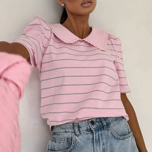 T-shirt rayé rose pour femme, col Peter Pan, manches courtes, tricoté, style preppy, décontracté, pour l'été - Product Image 3