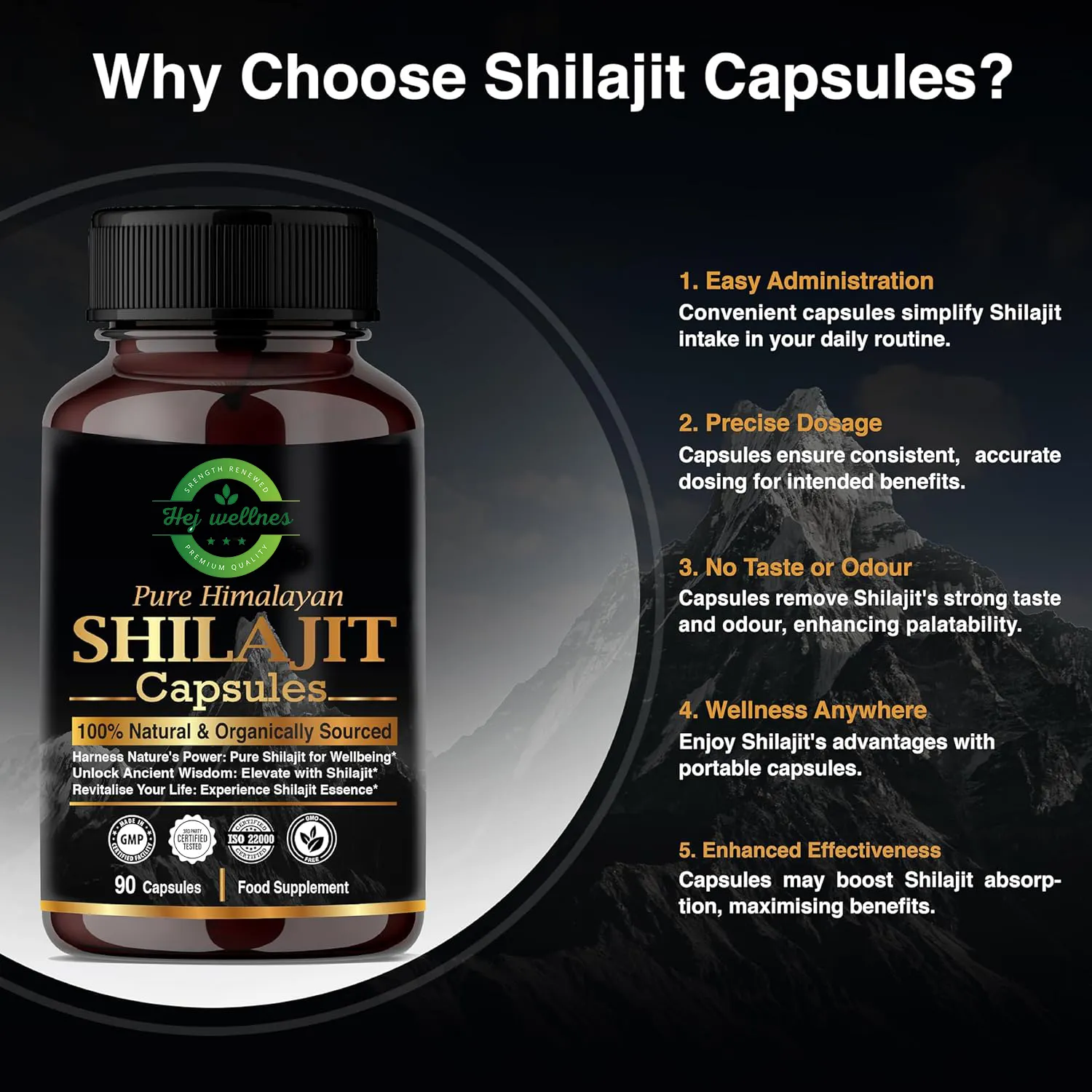 Organik alami kapsul Shilajit murni pil energi dan suplemen vitalitas asli asam Himalaya kuning kuning humat