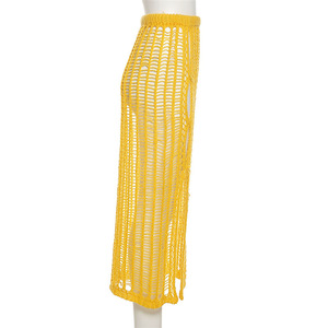 Nouvelle Arrivée 2026 – Jupes Longues en Maille Jaune Taille <span class=keywords><strong>Haute</strong></span> Fendues et Creuses, Style Sexy et Élégant pour Femme OuYaan - Product Image 4