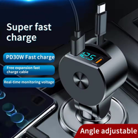Chargeur de voiture 3 en 1 Affichage numérique LED PD Type C QC3.0 Câble intégré Chargeur de téléphone à charge rapide Adaptateur Charge rapide pour téléphone