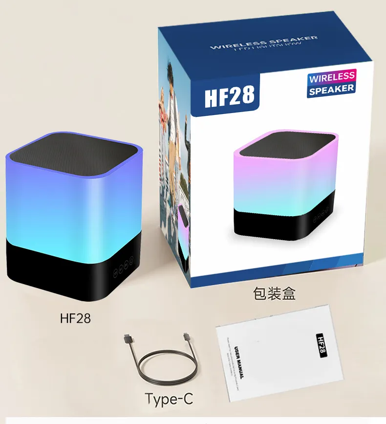 2024 popüler taşınabilir HF28 kablosuz hoparlörler ile kablosuz FM radyo Mini süper bas hoparlör LED ışık