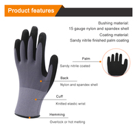 Gants en nylon et spandex 15 gauge, doublure sans couture, pour l'électronique, l'assemblage automobile, résistants à l'abrasion et à l'huile, avec revêtement nitrile sableux 15G