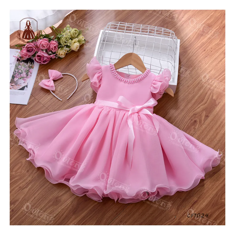 Boutique Clothing Peach Beading Collar Toddler Dresses Design Chiffon Summer Party Girls Twirl Dress With Ruffled Sleeve