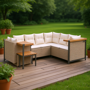 Set Divano da Giardino in Rattan PE Beige con Telaio in Acciaio e Legno di Acacia, Arredamento da Esterno dal Design Contemporaneo, 6 Posti - Product Image 2