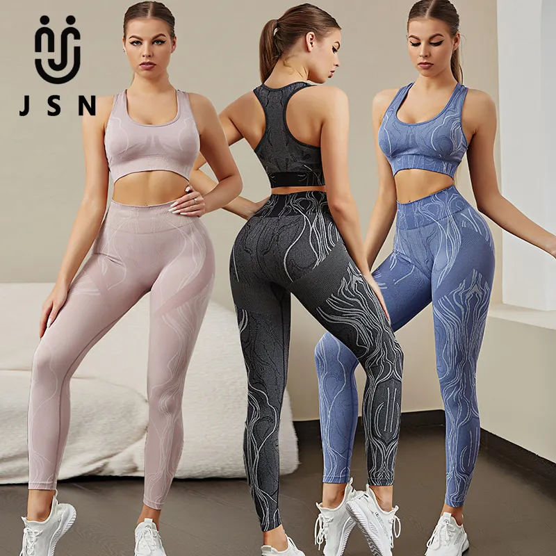 Jsn conjunto de roupas de yoga, estampas de três peças, quadril, levantamento, elástico, calças de yoga, roupa íntima, para mulheres