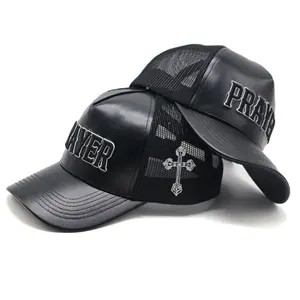 5 Panels Black PU Leather Trucker Hats Sport Hats With 3D Front Embroidery Logo Factory Price