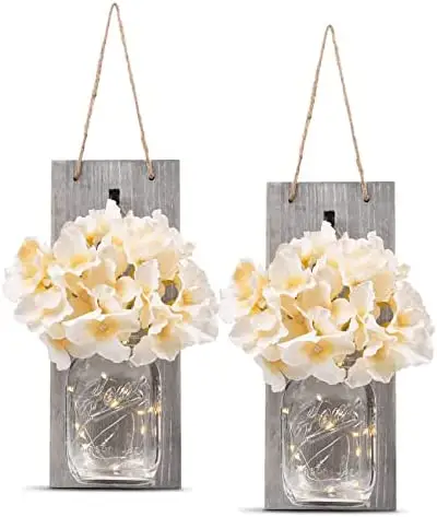 Chunlei OEM jarron Set di 2 decorazioni da parete Rustic Wall LED Fairy Lights and Flowers vasi Farmhouse Home Decor