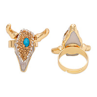 Cincin Kristal Kepala Sapi perhiasan Barat Totem ukiran hewan kristal kuarsa Resin biru berlian pesona tulang kepala sapi untuk pria wanita