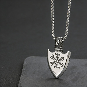 yunnique Viking Rune <b>Titanium</b> Steel Pendant Shield Shape Geometric Design Unisex Necklace Gift - Product Image 2