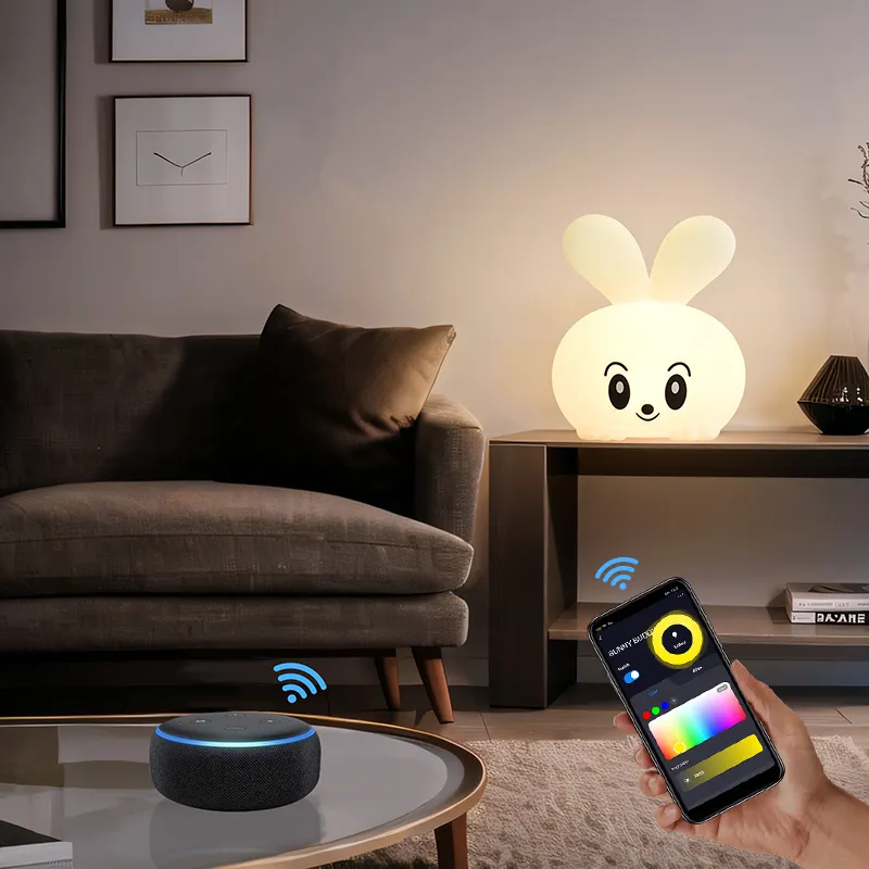 Smart App Control Cordess Batería recargable Conejito Led Luz de noche Lindo Perking Ear Rabbit Lámpara de escritorio