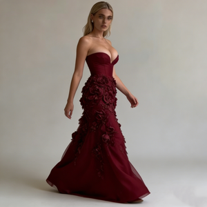 Robes de soirée pour femmes, <span class=keywords><strong>robe</strong></span> de bal en tulle bordeaux sans bretelles, col cœur, applique de rose 3D, vente en gros d'usine - Product Image 2