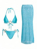 Ensemble de maillot de bain 3 pièces pour femme grande taille, couleur unie, avec détails anneaux, haut triangle, short de bikini coupe coquine, décolleté dos nu, imprimé délavé