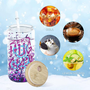 Venta al por mayor 16oz de doble capa de plástico Mason Cup sublimación Snow Globe Glitter Glass Cups con tapa de bambú y pajita - Product Image 4