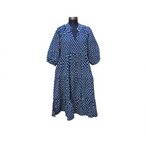 Hermoso vestido Midi Himanshi de algodón hecho a mano para mujer A-Line bloque de mano estampado Floral cómodo ropa de fiesta Natural para verano - Product Image 1