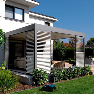 Teras Aluminium bermotor taman Gazebos dapat ditarik Bioclimatique luar ruangan pelindung matahari Louver Pergola kayu plastik paduan balkon - Product Image 2