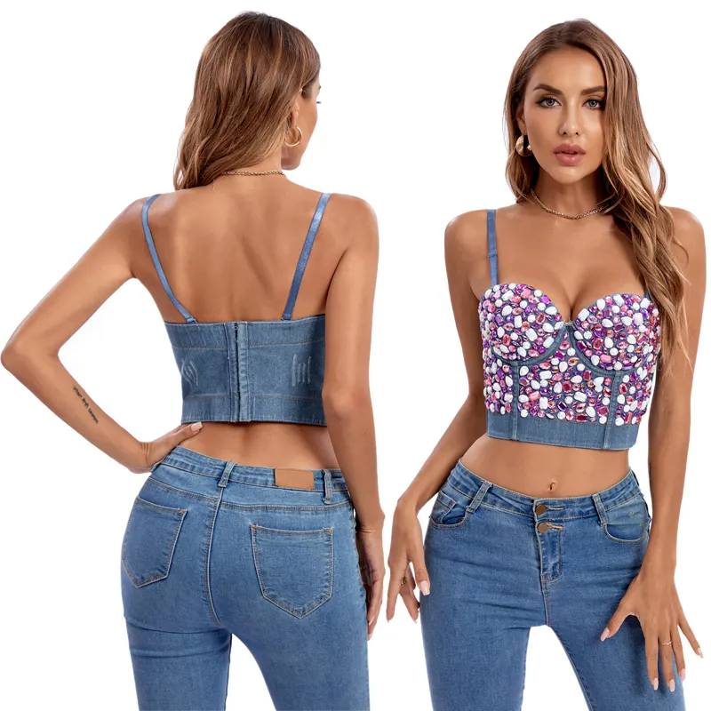 Jeans in Denim con perline di strass Top Sexy moda donna Glitter Push Up Bustier Night Club Top corsetto