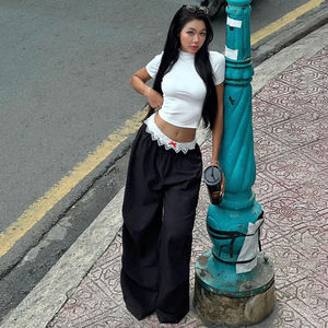 Pantalon large à taille basse de style ballet français, avec broderie de lettres, patchwork de dentelle, nœud, couleur contrastée, coupe ample, taille haute - Product Image 3