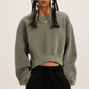 Felpa Personalizzata da <span class=keywords><strong>Donna</strong></span> con Lavaggio Acido, Scollo a V, in <span class=keywords><strong>Pile</strong></span>, <span class=keywords><strong>Oversize</strong></span>, Pullover da <span class=keywords><strong>Donna</strong></span>, Felpe Corte con Cappuccio all'Ingrosso - Product Image 1