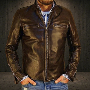Chaqueta Casual de Cuero y Lona Impermeable y Cortavientos para Invierno, Unisex, Color Marrón Natural Pulido, Marca BS International, Modelo Mandarin - Product Image 1