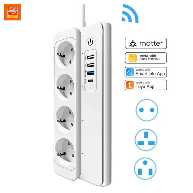 TYSH Smart Home Power Strip with WiFi 3 Standard EU Outlets 3 USB Ports 1 Type-C Port 16A Rated Current Power Extension Socket