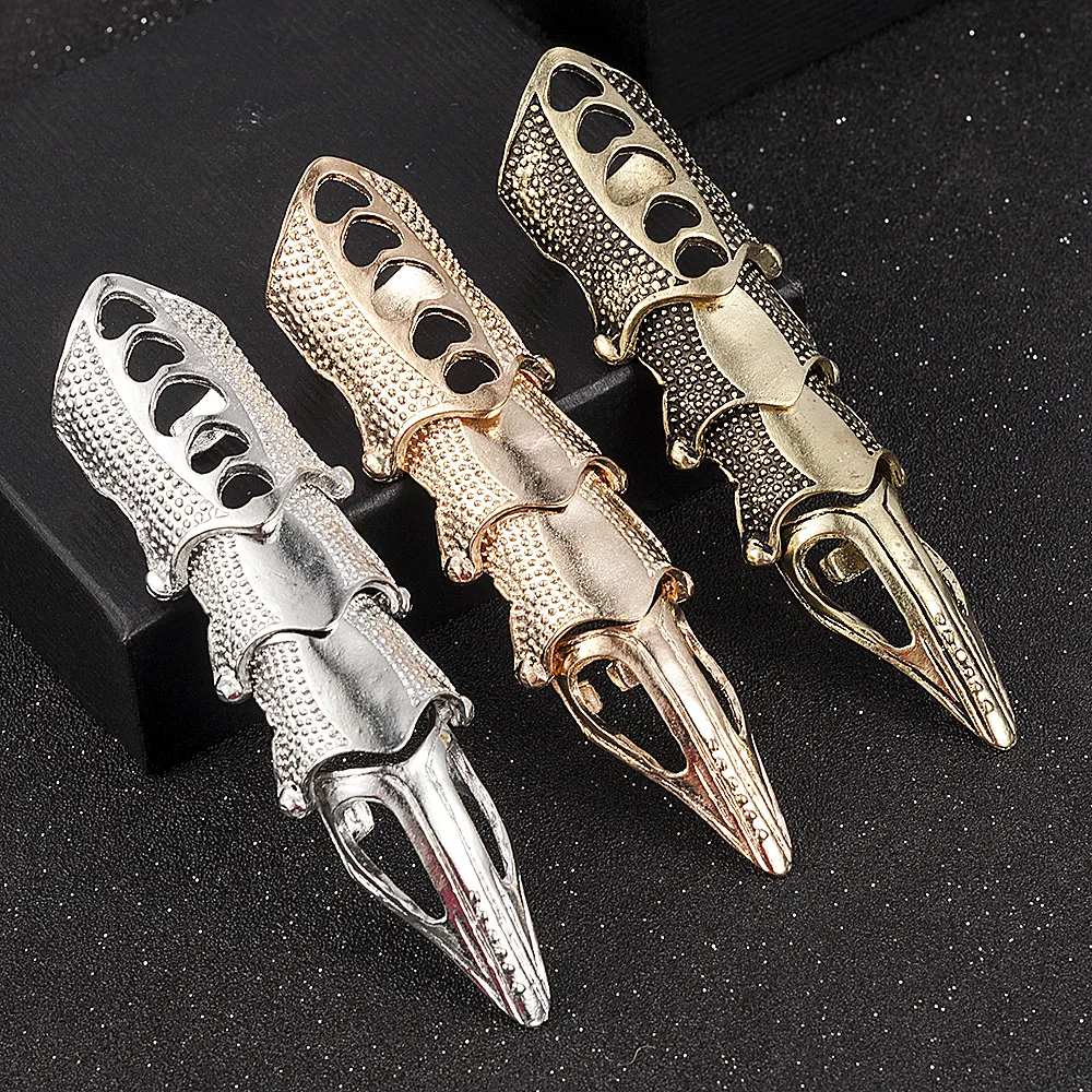 Cool Boys Punk Gothic Rock Scroll Joint Armor Knuckle Metal Full Finger Ring Gold Cospaly DIY Ring Halloween decoration