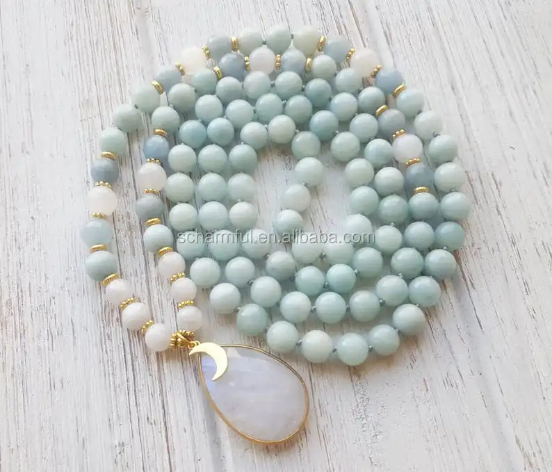 NS2019847-1 yoga mala knoten amazonit stein perle mit gold accent opal charme halskette