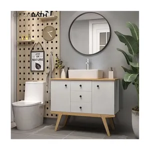 ORTONBATH Wood Countertop Single Art Basin Floor Standing White Oak Bath Bathroom Vanity with Round Black Framed Mirror