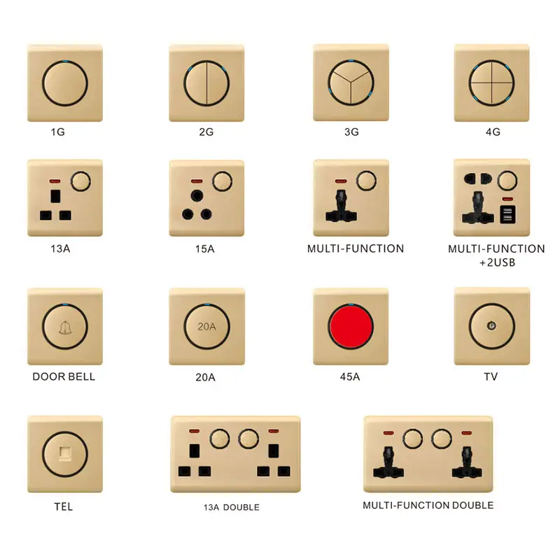 Abuk màu vàng hiện đại 1/2/3/4 gang EU Anh 220V thiết lập lại nút tường chuyển đổi ánh sáng bìa trang trí 2023 cổng USB Thiết bị chuyển mạch và ổ cắm