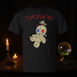 Camiseta Promocional con Diseño de Muñecas Vudú y Hechizos de Brujería: Pensando en Ti - Product Image 3