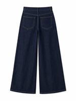 Celana Jeans Wanita Warna Indigo Tua Vintage Jacquard Pinggang Tinggi Model Kaki Lebar