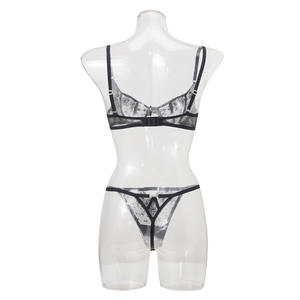 Ensemble soutien-gorge et culotte en maille de nylon transparent de haute qualité bleu royal avec jarretelles - Product Image 6
