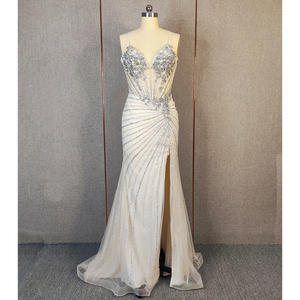 Abito da sera lungo a <span class=keywords><strong>sirena</strong></span> con spacco, spalline sottili, vita naturale, in cristallo plissettato, ecologico, per laurea - Product Image 1