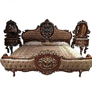 Heavy Carved King Size <b>Bed</b> With Nightstands High <b>Back</b> Walnut Polish <b>Bed</b> With Nightstands Maharaja King Size Brown Polish <b>Bed</b> - Product Image 1