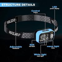 Lampu Kepala Camping Sensor Gerak Ultra Terang dengan Tampilan Daya Digital, Dapat Diisi Ulang, Tahan Air IPX4, 6 Mode Cahaya