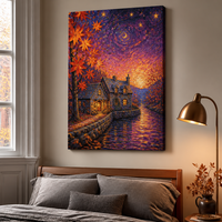 Impression sur toile abstraite Paysage nocturne d'automne avec maison en pierre et rivière, style impasto, Décoration murale pour salon et hôtel