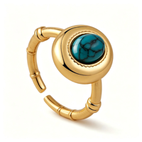 Bague ouverte ajustable en cuivre plaqué or 18 carats avec turquoise naturelle, bague texturée vintage pour femme