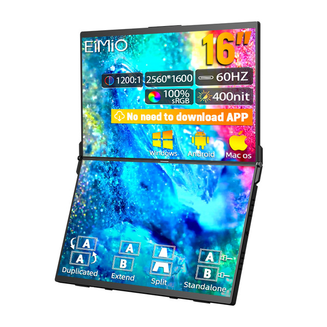 Eimio 16" 2.5K IPS Dual-Screen Folding Portable Monitor-Gaming Ready Type-C Interface Built-in Speaker 1080p 60Hz