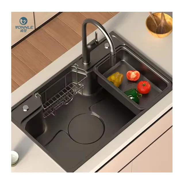 Multifunctional Kitchen Sink with Faucet Rectangle Single Bowl above Counter Installation Brushed Surface One-Hole Sink