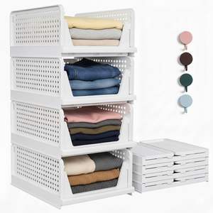 Modern Design Foldable Storage <b>Basket</b> with Thickened PP 35L Capacity Pull-Out Stackable Wardrobe Rack for Bedroom Organizing - Product Image 1
