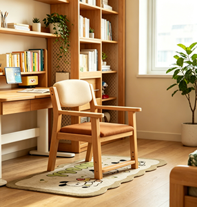 Chaise de salon moderne minimaliste en bois avec coussin orange et dossier beige, chaise de loisirs ergonomique - Product Image 2