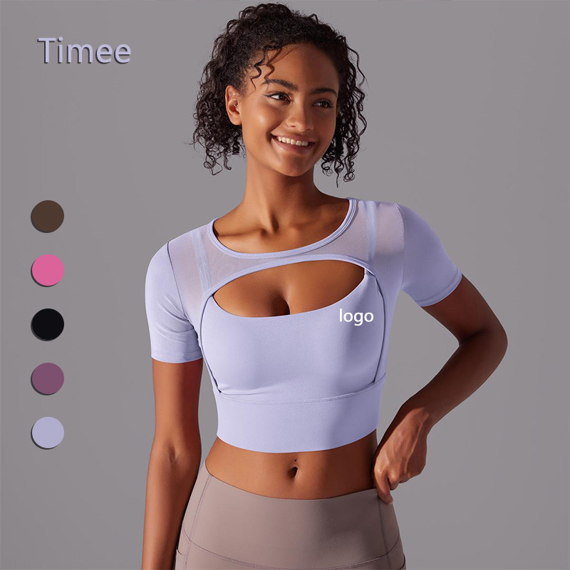 Solid Color Patchwork Mesh Sexy Double Short Sleeve Push-up Bra Running Fitness Yoga Wear Top for Women