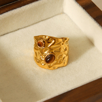 H&C Fashion 18K Vergoldeter Edelstahl Natürlicher Stein Fassungssatz Ovaler Breiter Bandring Damen Trendiger Party Wasserdichter Ring