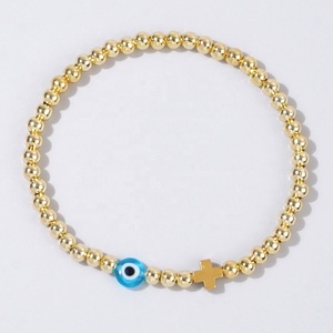Bracelets perlés étanches plaqués or 18 carats en acier inoxydable, avec croix en pierre de gallstone noire et yeux bleus, faits main, empilables, tendance, unisexe, mode - Product Image 5