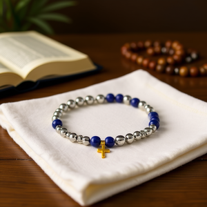 Pulsera de cuentas de acero inoxidable con cruz dorada, joyería religiosa hecha a mano, regalo unisex - Product Image 3