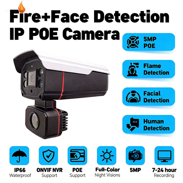 AI Face Recognition and Flame Detection POE IP Camera,5MP CCTV AI-Powered Security Camera System with Smart Monitoring