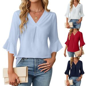 Camisa Casual de Gasa para Mujer, Estilo Europeo Americano, Verano 2026, Cuello en V, Manga Loto de Tres Cuartos, Transpirable, para Oficina, Poliéster/Algodón - Product Image 1