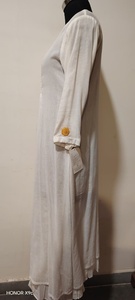 Robe midi en lin blanc, col rond, manches trois quarts, broderie, coupe ample, décontractée, pour tous les jours - Product Image 2