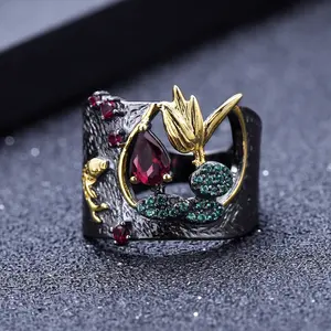 Abiding Natural Rhodolite Garnet Gemstone Handcrafted Bird Fashion Gold Plated 925 Sterling Silver Finger Rings Jewelry Women