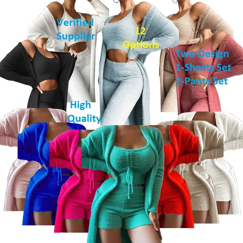 New Arrival 2022 Fall Women Fleece Fuzzy Lingerie Suit 3 Piece Sleepwear Set Winter Cozy Lounge Wear Sets Furry Pajama Set